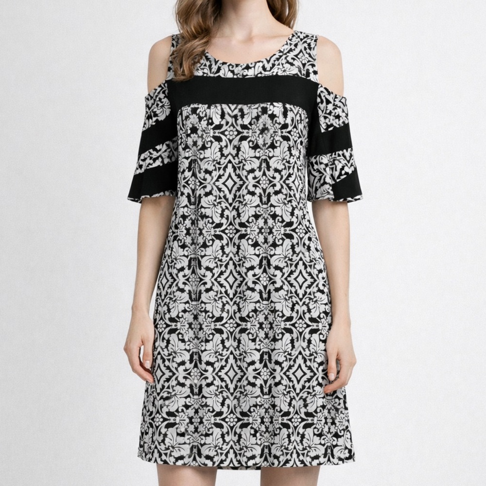 Nina Leonard Women Floral Cold Shoulder Swing Loose Midi Dress Black White - L